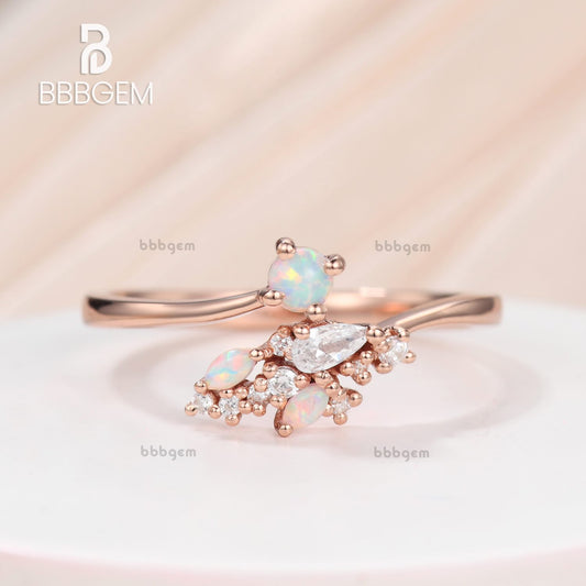 Fashion Dainty Multi-shaped Opal Moissanite Cluster Bypass Ring 14K Rose Gold With Diamond Accents