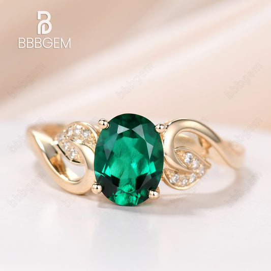 1.2 Carat Lab-Created Emerald Diamond Engagement Ring Vintage Promise Ring 14K/18K Yellow Gold Flower Leaf Band