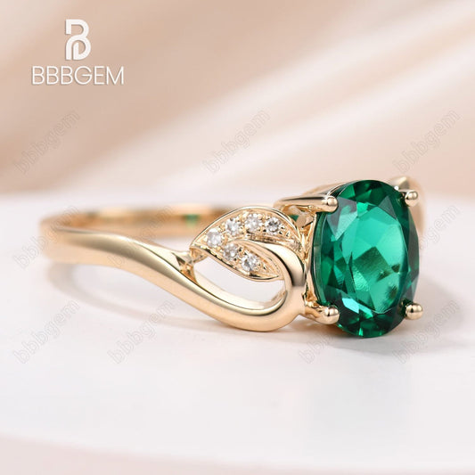 1.2 Carat Lab-Created Emerald Diamond Engagement Ring Vintage Promise Ring 14K/18K Yellow Gold Flower Leaf Band