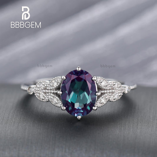 14K/18K Gold Oval Alexandrite Engagement Ring Nadia Marquise Micro Pave