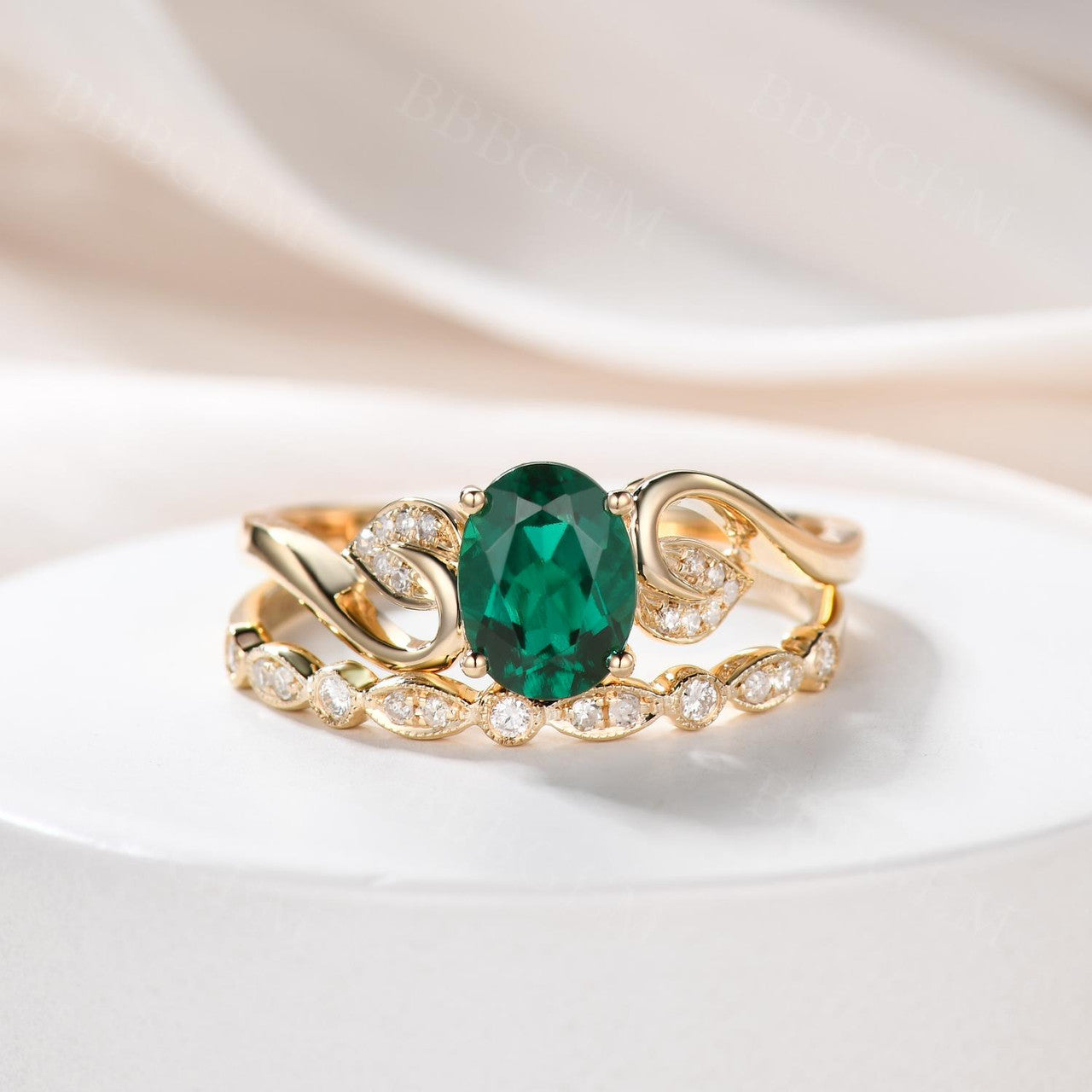 1.2 Carat Emerald Engagement Ring Set Diamond Matching Band Rose Gold Vintage Flower Stacking 14K/18K