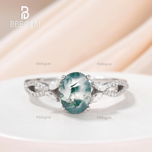 14K Pink Gold Oval Cut Moss Agate Engagement Ring Marquise Shaped Moissanite Infinity Band Ring For Women