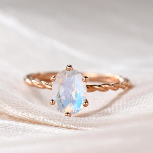 14K Rose Gold 1 Carat Moonstone June Birthstone Solitaire Ring With Twisted Rope Band