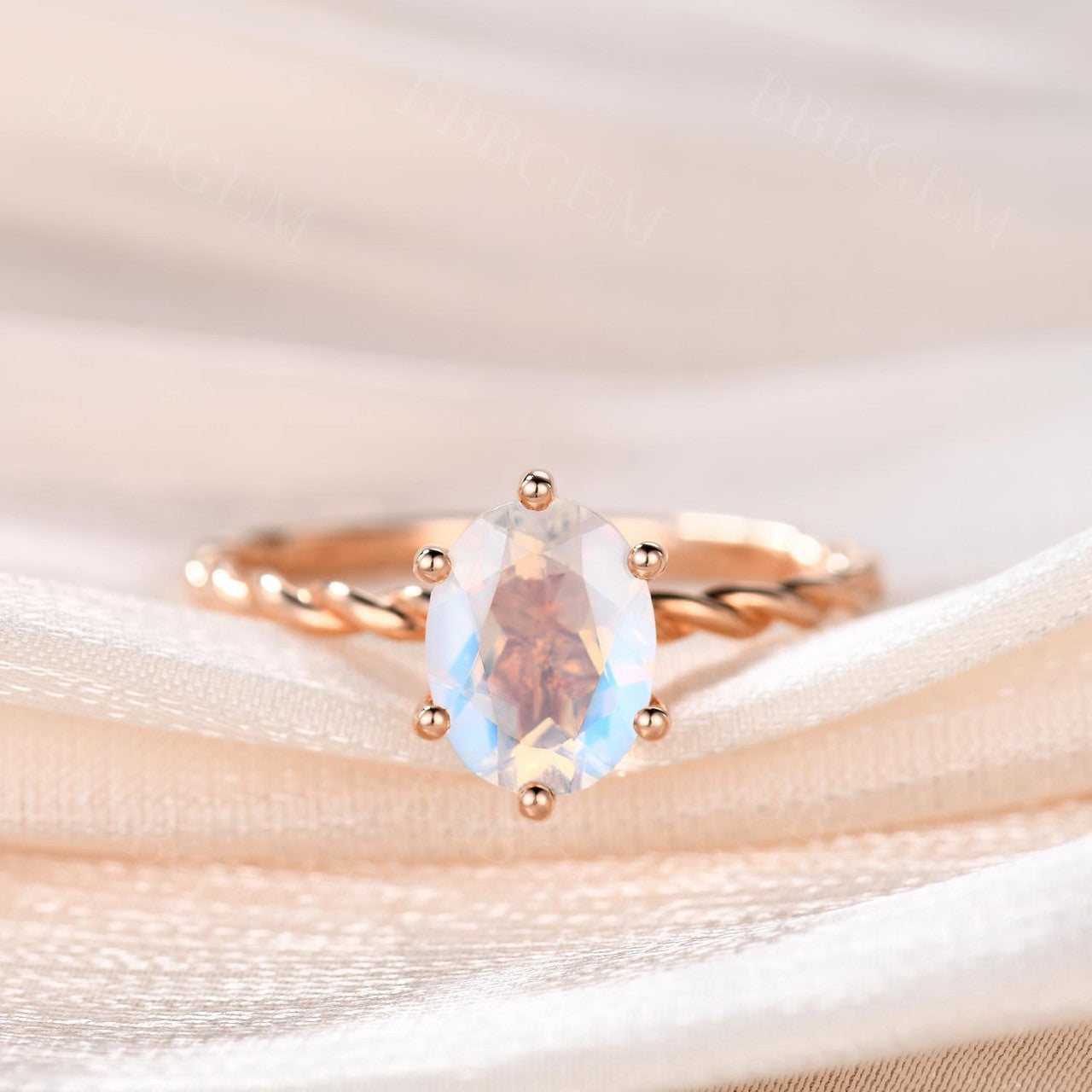 14K Rose Gold 1 Carat Moonstone June Birthstone Solitaire Ring With Twisted Rope Band