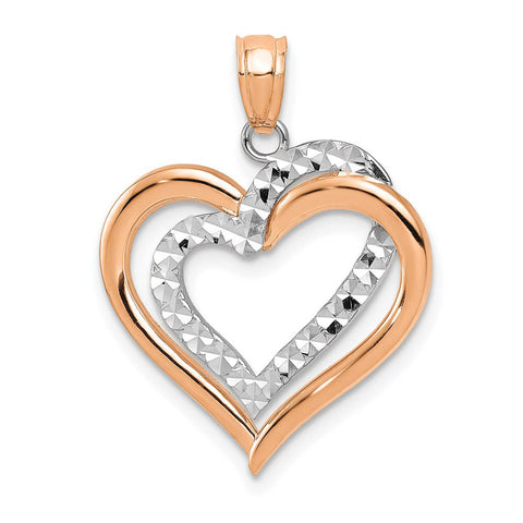 14k Rose Gold and White Gold Diamond Cut Heart Pendant, 19mm