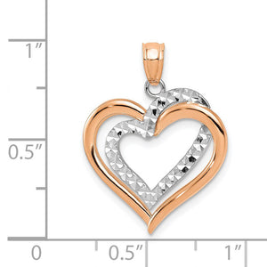 14k Rose Gold and White Gold Diamond Cut Heart Pendant, 19mm