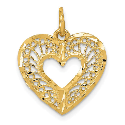 14k Yellow Gold Diamond Cut Filigree Heart Charm or Pendant, 17mm
