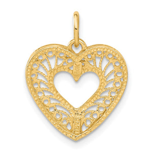 14k Yellow Gold Diamond Cut Filigree Heart Charm or Pendant, 17mm