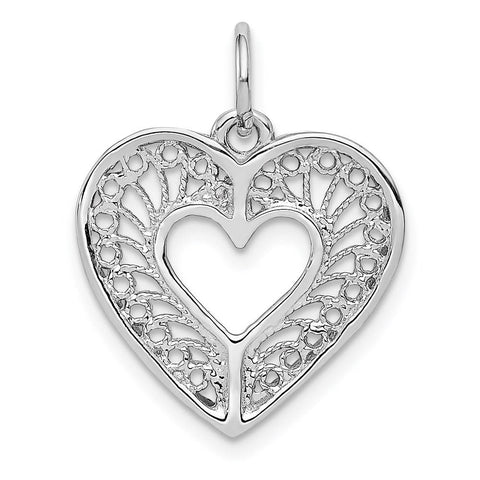 14k White Gold Diamond Cut Filigree Heart Charm or Pendant, 17mm