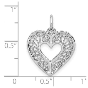 14k White Gold Diamond Cut Filigree Heart Charm or Pendant, 17mm