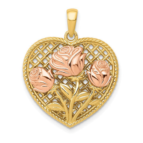 14k Yellow Gold and Rose Gold Roses Heart Pendant, 20mm