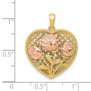 14k Yellow Gold and Rose Gold Roses Heart Pendant, 20mm