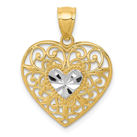 14k Yellow Gold and White Rhodium Filigree Heart Pendant, 17mm