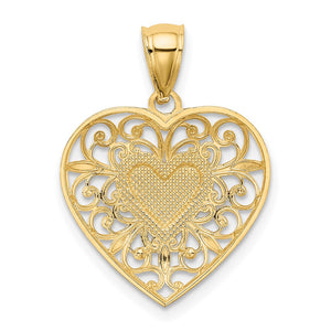 14k Yellow Gold and White Rhodium Filigree Heart Pendant, 17mm