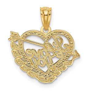 14k Yellow Gold and White Rhodium I Love You Heart Pendant, 17mm