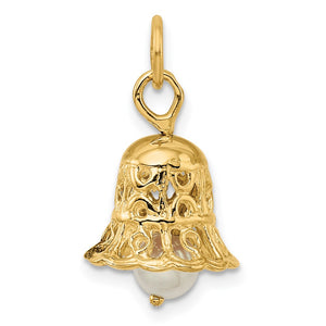 14k Yellow Gold & FW Cultured Pearl 3D Wedding Bell Pendant, 12mm