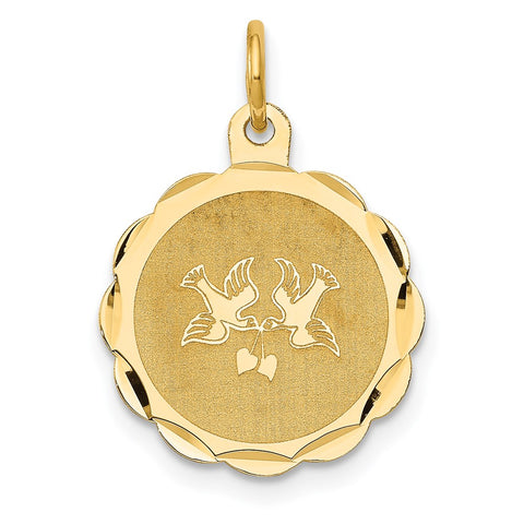14k Yellow Gold Love Birds Disc Charm or Pendant, 16mm