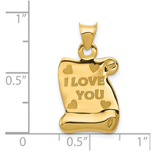 14k Yellow Gold I LOVE YOU Scroll Page Pendant, 13mm