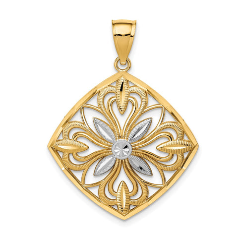 14k Yellow Gold & White Rhodium Fancy Square Pendant