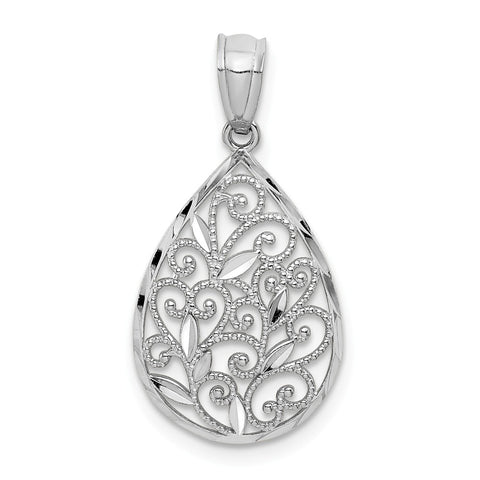14k Yellow or White Gold Small Filigree Teardrop Pendant, 13mm
