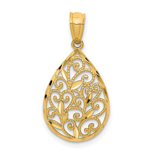 14k Yellow or White Gold Small Filigree Teardrop Pendant, 13mm