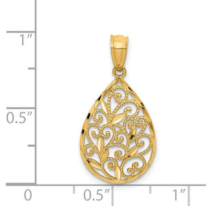 14k Yellow or White Gold Small Filigree Teardrop Pendant, 13mm