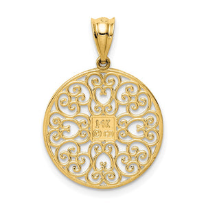 14K Yellow Gold Textured & Diamond Cut Filigree Circle Pendant, 19mm