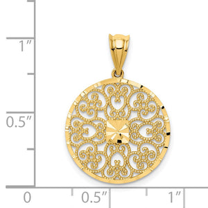 14K Yellow Gold Textured & Diamond Cut Filigree Circle Pendant, 19mm