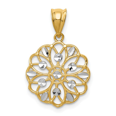 14k Yellow Gold and White Rhodium Scalloped Filigree Pendant, 16mm