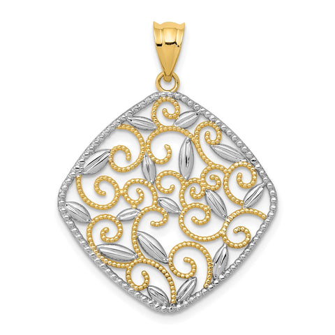 14k Yellow Gold & White Rhodium Vine Filigree Rhombus Pendant, 25mm