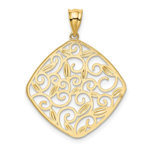 14k Yellow Gold & White Rhodium Vine Filigree Rhombus Pendant, 25mm