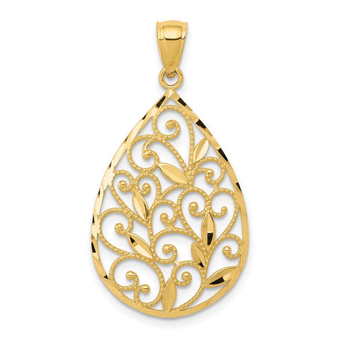 14k Yellow Gold Vine Filigree Teardrop Pendant, 20mm (3/4 inch)