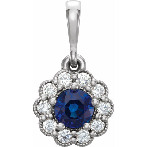 14k White Gold Blue Sapphire 1/8 Ctw Diamond Small Halo Pendant, 8mm