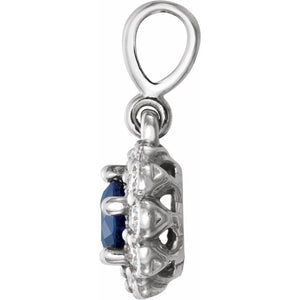 14k White Gold Blue Sapphire 1/8 Ctw Diamond Small Halo Pendant, 8mm