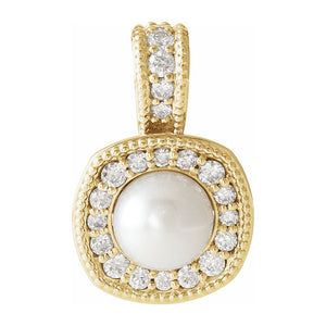 14K Yellow or White Gold FW Cultured Pearl & Diamond Pendant, 11x17mm