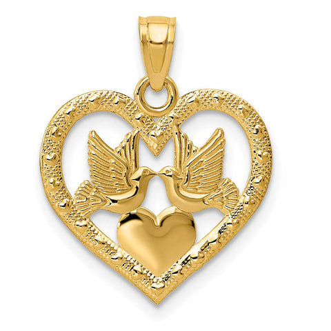 14k Yellow Gold Lovebirds and Hearts Pendant