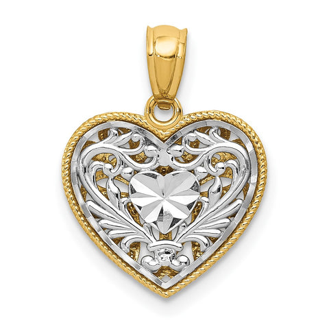 14k Two Tone Gold 1Reversible Filigree Heart Pendant