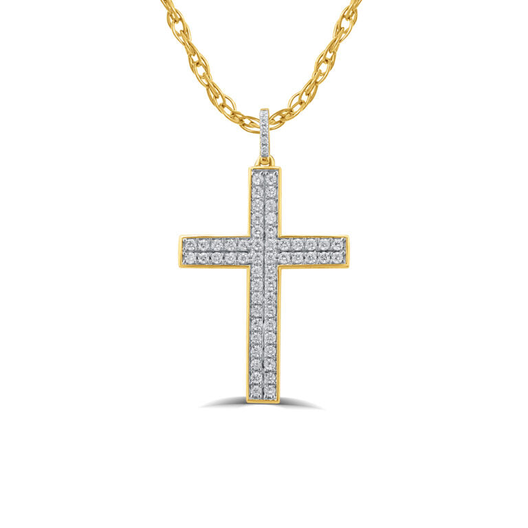 Double Row Yellow Gold Lab Grown Diamond Cross Necklace