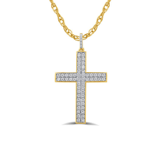 Double Row Yellow Gold Lab Grown Diamond Cross Necklace