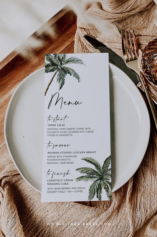 Palm Tree Wedding Menu | Printable Template