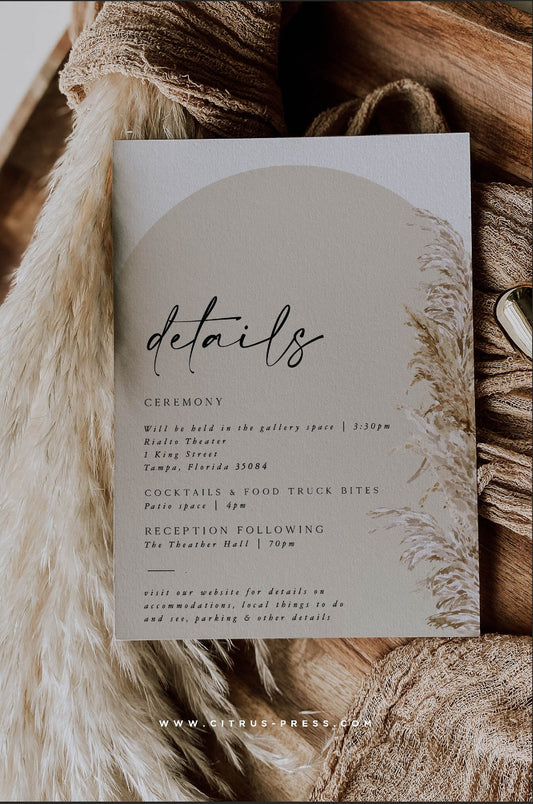 Pampas Grass Arch Wedding Enclosure Card | Ava