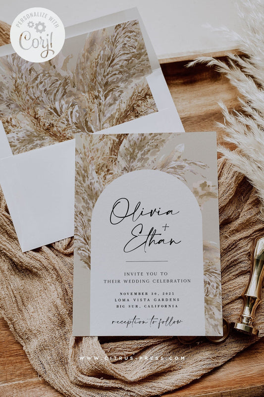 Boho Pampas Grass Arch Wedding Invitation | Printable Template