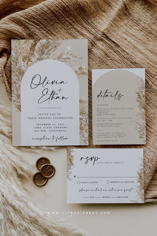 Pampas Grass Arch Wedding Invitation | Ava