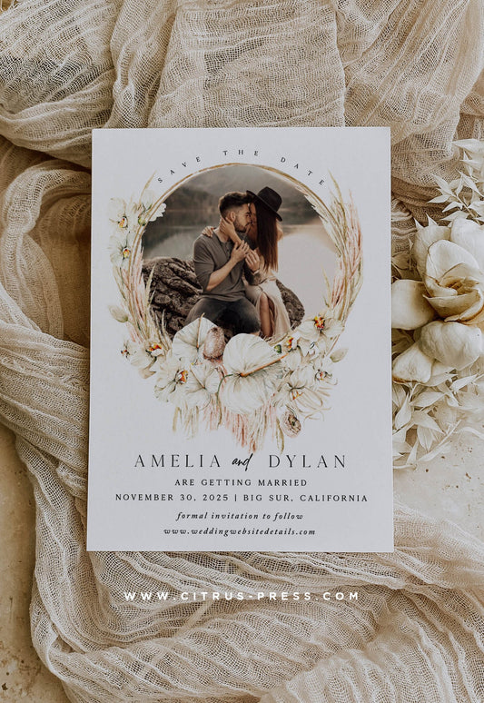 Boho Circle Frame Photo Wedding Invitation | Save The Date | Printable Diy Template
