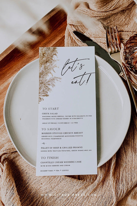 Pampas Grass Wedding Reception Menu Diy Printable Template