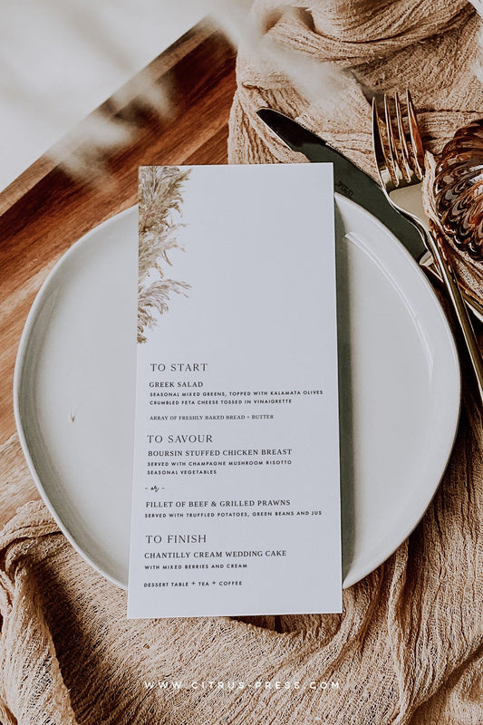 Boho Pampas Grass Wedding Menu Diy Printable Template