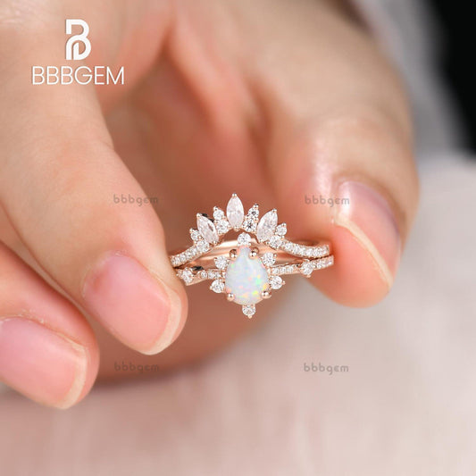 14K/18K Gold Pear Shaped Lab White Opal Diamond Art Deco Engagement Ring Set