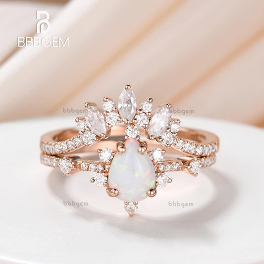 14K/18K Gold Pear Shaped Lab White Opal Diamond Art Deco Engagement Ring Set