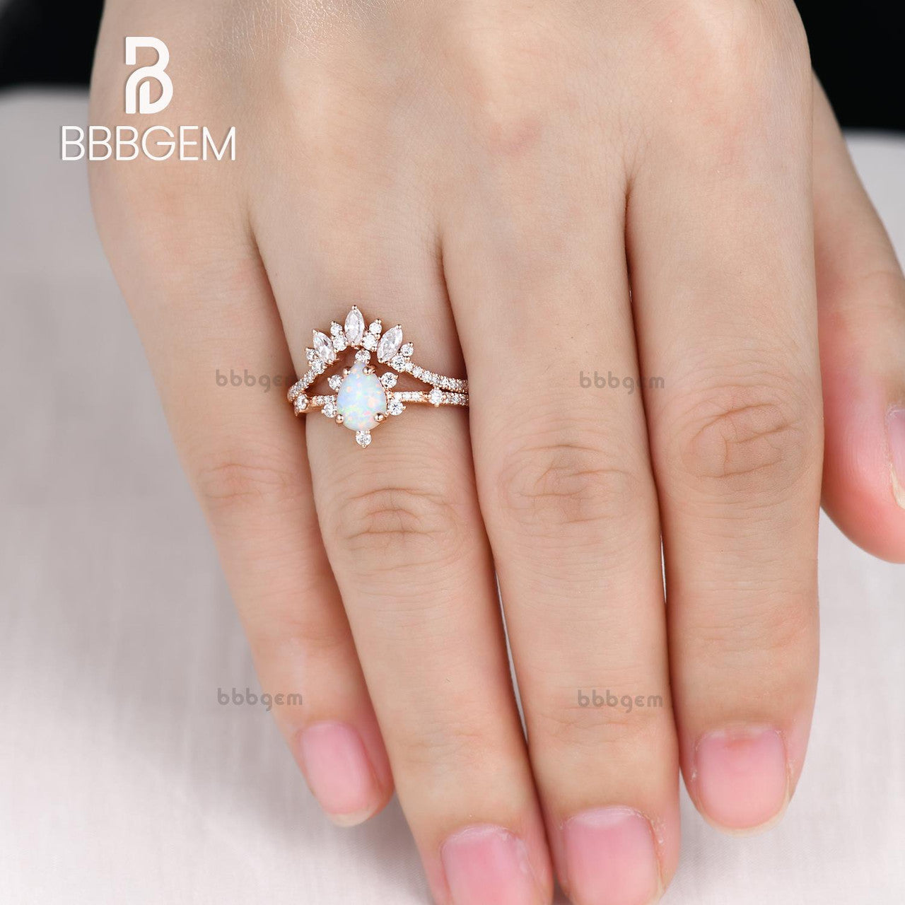 14K/18K Gold Pear Shaped Lab White Opal Diamond Art Deco Engagement Ring Set