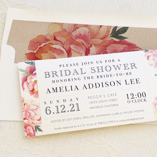 Pink Peonies Bridal Shower Invitations